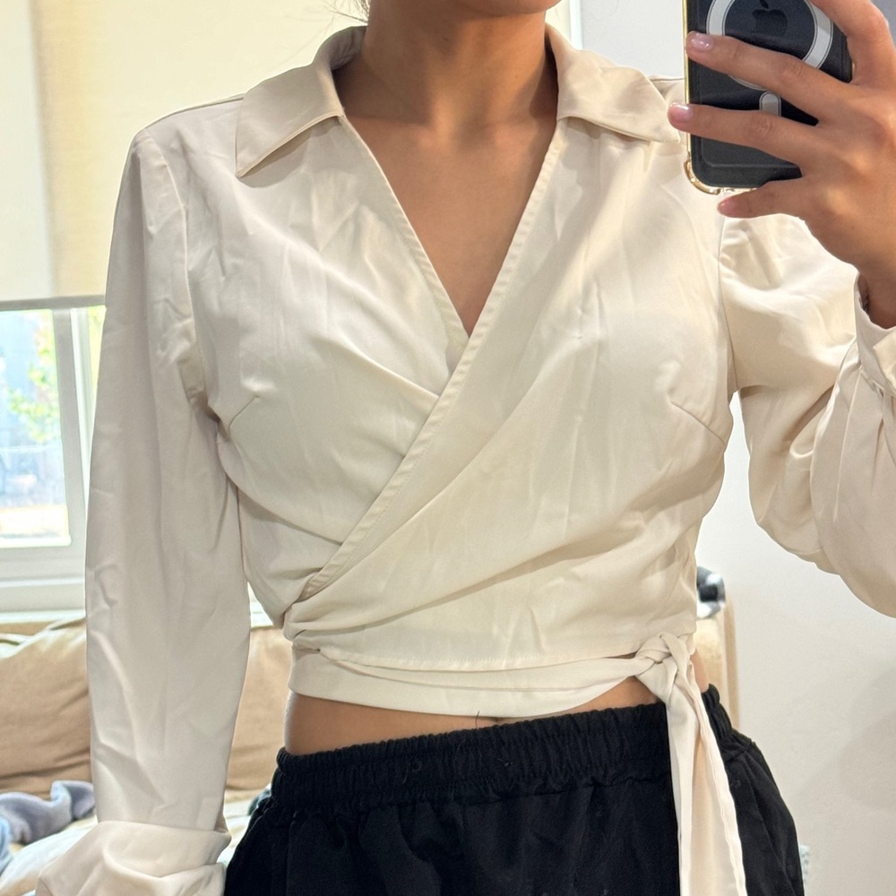 Cream Cross Over Cropped Blouse